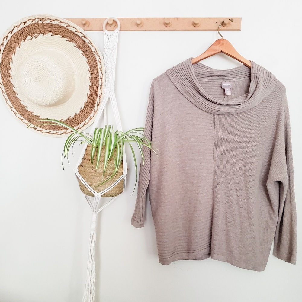 Beige 3/4 Length Knit Dolman Cowl-Neck Sweater